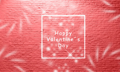 Fototapeta na wymiar happy valentine day lettering in front of aged white brick wall. beautiful red tone and white font and flower elements
