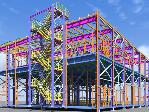 Building Information Model of metal structure. 3D BIM model. The building is of steel columns, beams, connections, etc. 3D rendering. Engineering, industrial, construction BIM background.
