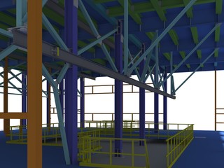 Building Information Model of metal structure. 3D BIM model. The building is of steel columns, beams, connections, etc. 3D rendering. Engineering, industrial, construction BIM background.