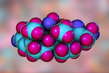 Molecule of cortisol hormone, 3D illustration. Cortisol is a steroid hormone of glucocoticoid class made in the cortex of adrenal glands. Used as medication it is called hydrocortisone