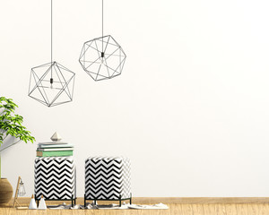 Modern interior with padded stool, decor and lamps. Wall mock up. 3D illustration
