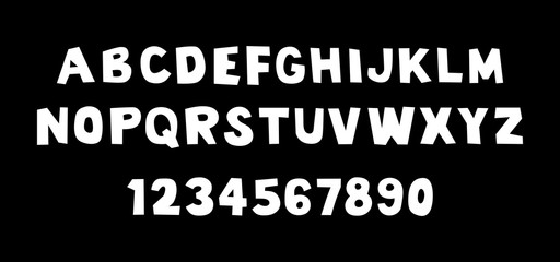 White of comical font and alphabet. Isolated on Black background