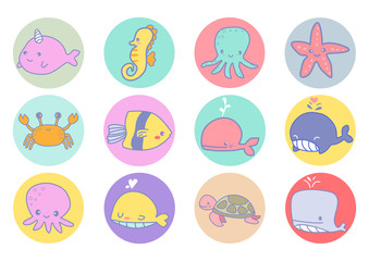 Cute vector of sea circle set icons or aquarium animals set icon kawaii cartoon design vector