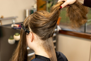 Fototapeta premium Stylist preparing brunette woman's hair for a color and highlight process