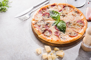 Hot pizza with ham meat, salami and mushrooms