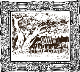 Vector drawing of a rural landscape in a decorative frame