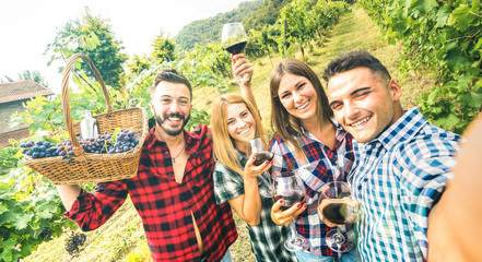 Young friends having fun taking selfie at winery vineyard outdoor - Friendship concept on happy...