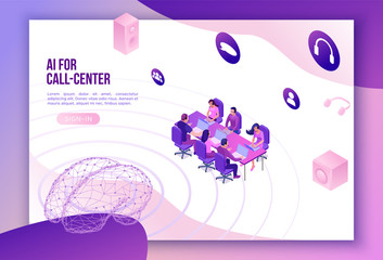 Isometric call center 3d vector illustration, artificial intelligence manages customer service, mobile support landing page, operator with headphone, contact centre concept