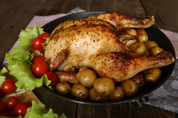 roasted chicken with vegetables close-up
