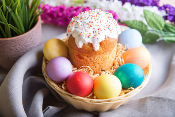 Easter. Traditional Russian and Ukrainian Easter cake (kulich) and painted eggs. Close-up, selective focus.