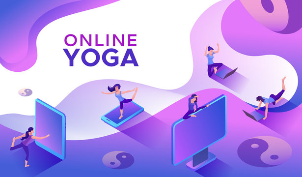 Yoga isometric concept or website template, 3d women doing physical exercises and watching online classes via smartphone or laptop, mobile app background, illustration of meditating in different pose