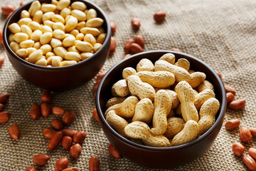 Peanuts in the shell and peeled closeup in a cup