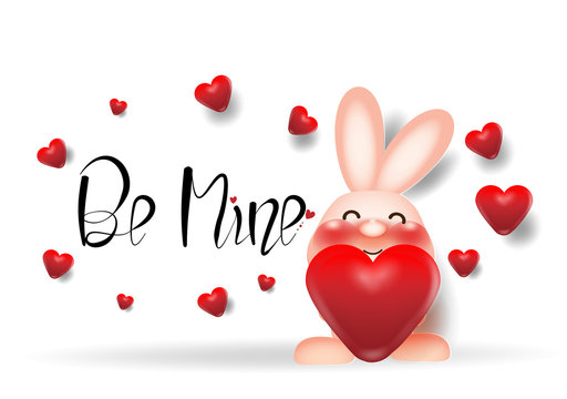 Cute little rabbit and red heart creative drawn hands made text messages,happy valentine day lovely cartoon greeting card with heart,card vector,elements,love,