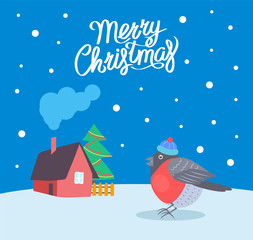 Fototapeta premium Merry Christmas Bullfinch Snowing Weather Vector