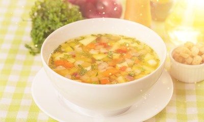 Vegetable soup on desk