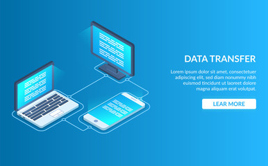 The process of synchronizing data between a laptop, mobile phone and PC. Transfer data between different devices. Modern vector illustration isometric style on blue background.