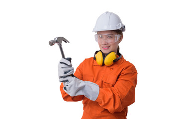 portrait of a woman worker in Mechanic Jumpsuit is holding hammer isolated on white background