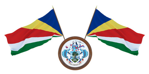 National flag  and the coat of arms 3D illustration  of  Seychelles. Background for editors and designers. National holiday