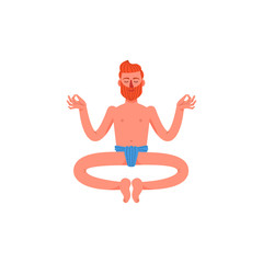 A man sits in a lotus position in a loincloth. A young man sits in a pose of meditation. Vector illustration.