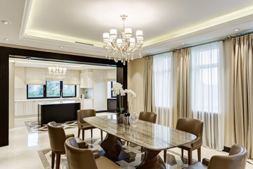 Iinterior of dining room in brown and beige colors. - Powered by Adobe