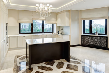 Iinterior of dining room in brown and beige colors.