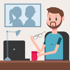 Businessman with a laptop and a cup of coffee working behind an office desk. Vector cartoon character of a bearded man isolated on background.