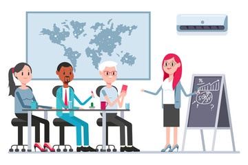 Teamwork concept illustration with coworkers and woman boss in boardroom. Vector cartoon business persons character isolated on a white background.