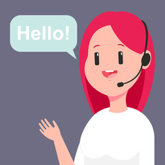 Girl consultant in customer service. Vector cartoon illustration of woman call center operator in headset and speech bubble isolated on background.