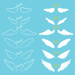 Angel wings with halo. Cartoon vector silhouette set isolated on background.