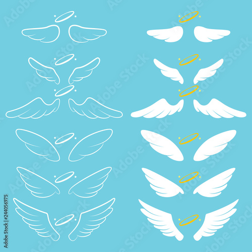 Angel Wings With Halo Cartoon Vector Silhouette Set Isolated On Background Wall Mural Roi And - Angel Wings Wallpaper For Walls