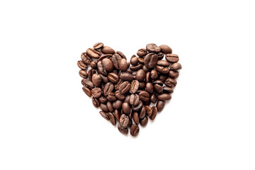 Heart shape of roasted coffee beans on white background.