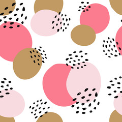 Abstract shapes seamless collage pattern with dots, floral, round and angles and geometrical elements. Tileable modern wallpaper background for web, banners, cards, fabric, textile and surface design