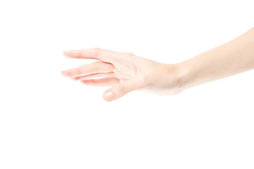 Female hand isolated on white background. White woman's hand showing symbols and gestures. Relaxed...