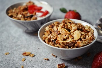 Homemade Granola in a bowl close up, selective focus