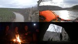 4 in 1: Group of speleologists traveling. Hiking, sitting by fire, exploring the cave