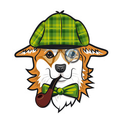 Cool dog welsh corgi face with green checkered hat and smoking pipe like Sherlock Holmes. Color vector illustration - obrazy, fototapety, plakaty
