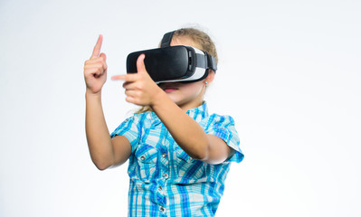 Get virtual experience. Virtual reality concept. Kid explore modern technology virtual reality. Virtual education for school pupil. Girl cute child with head mounted display on white background