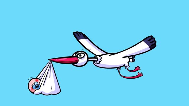 Cartoon stork flying with a baby. Big bird brings a child with blue teat. Alpha channel, seamless loop. Good for birthday.