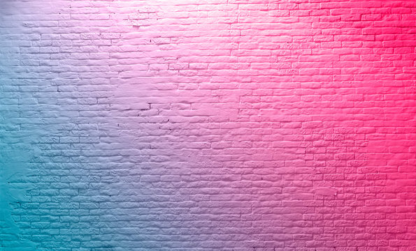 brick wall neon pink blue Rustic Texture. Retro used Vintage Structure. Grungy Shabby neon Background. Design Element. Abstract Light with space for text