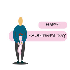 A man wearing a blue sweater holding red flowers pink bouquet for happy valentine's day