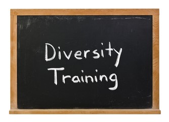 Diversity training written in white chalk on a black chalkboard isolated on white