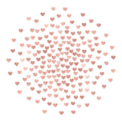Vector round shaped background with rose gold foil confetti hearts isolated on white. Modern element for wedding, celebration, party, anniversary, birthday, Valentine's Day designs.