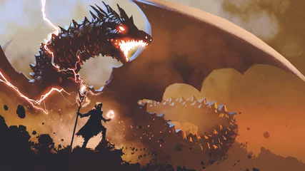 Papier Peint photo Lavable Grand échec sorcier noir avec une baguette magique invoquant le dragon, style art numérique, peinture d& 39 illustration
