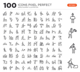 Set of 100 linear icons such as Shovel, Engineer, Welder, Worker, Delivery man, Climber, Workers, Worker