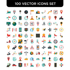 Set of 100 Vector icons such as Placeholder, Road, Gps, Route, Traffic light, Car, Road