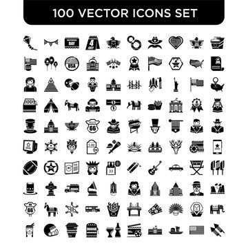 Set of 100 Vector icons such as Popcorn, United states, Burger, White house, Movie, Cola, Casino, Coffee, Capitol, Indian
