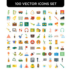 Set of 100 Vector icons such as Stage, Beer, Maloik, Drums, Cigarettes, Backpack, Tent, Water bottle, Tickets, Radio