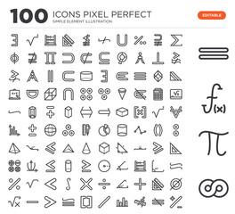 Set of 100 linear icons such as Infinite, Pi constant, Function, Equal, The sum of, Is not equal to, Compass and ruler for mathematics, Bars graphic, Divide, Brackets grouping