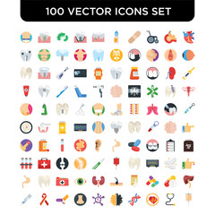 Set of 100 Vector icons such as Heart, Stethoscope, Cardiogram, Dna, Brain, Virus, Nose, Antibiotic, Ribbon, Syringe