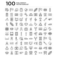 100 linear pack of Bottle Water, American Football Strategy, Barbell, Cup, Position line icons, universal thin stroke icons set
